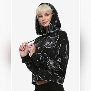 Midnight Hour Black White Cat Crop Goth Hoodie Medium